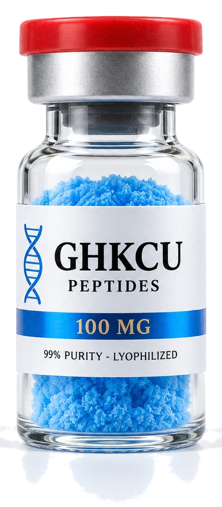 Frasco de GHK-Cu injetavel 100 mg da Pharmil, com po liofilizado azul