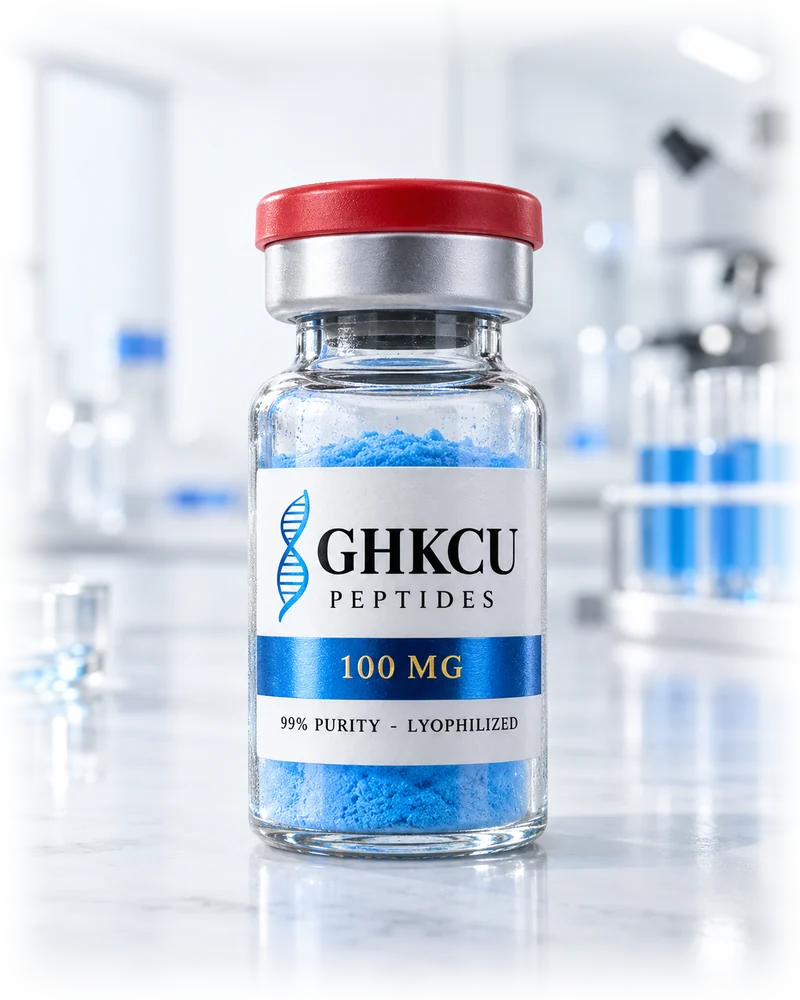Frasco de GHK-Cu em destaque, com halo de luz azul